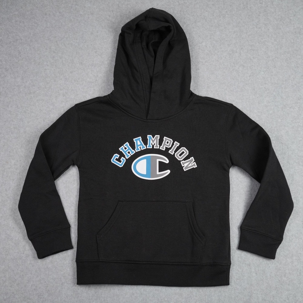 Champion Hoodie Kids Size 6 Black C735HD457 Logo Pullover Fleece Sweatshirt